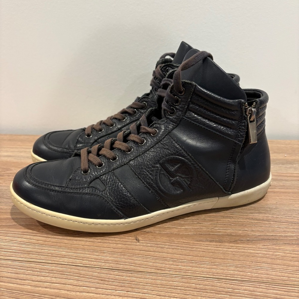 Giorgio Armani Leather High Top Sneakers Mens Navy Blue Size 9.5 Side Zip X2Z005